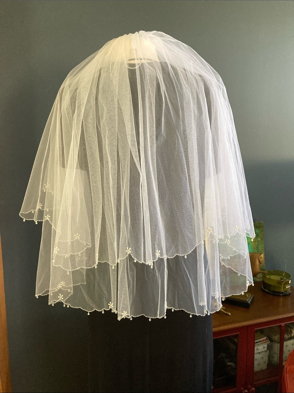 Bridal Two-Tier White Veil with Scalloped Floral Beaded Trim. 24” & 29”